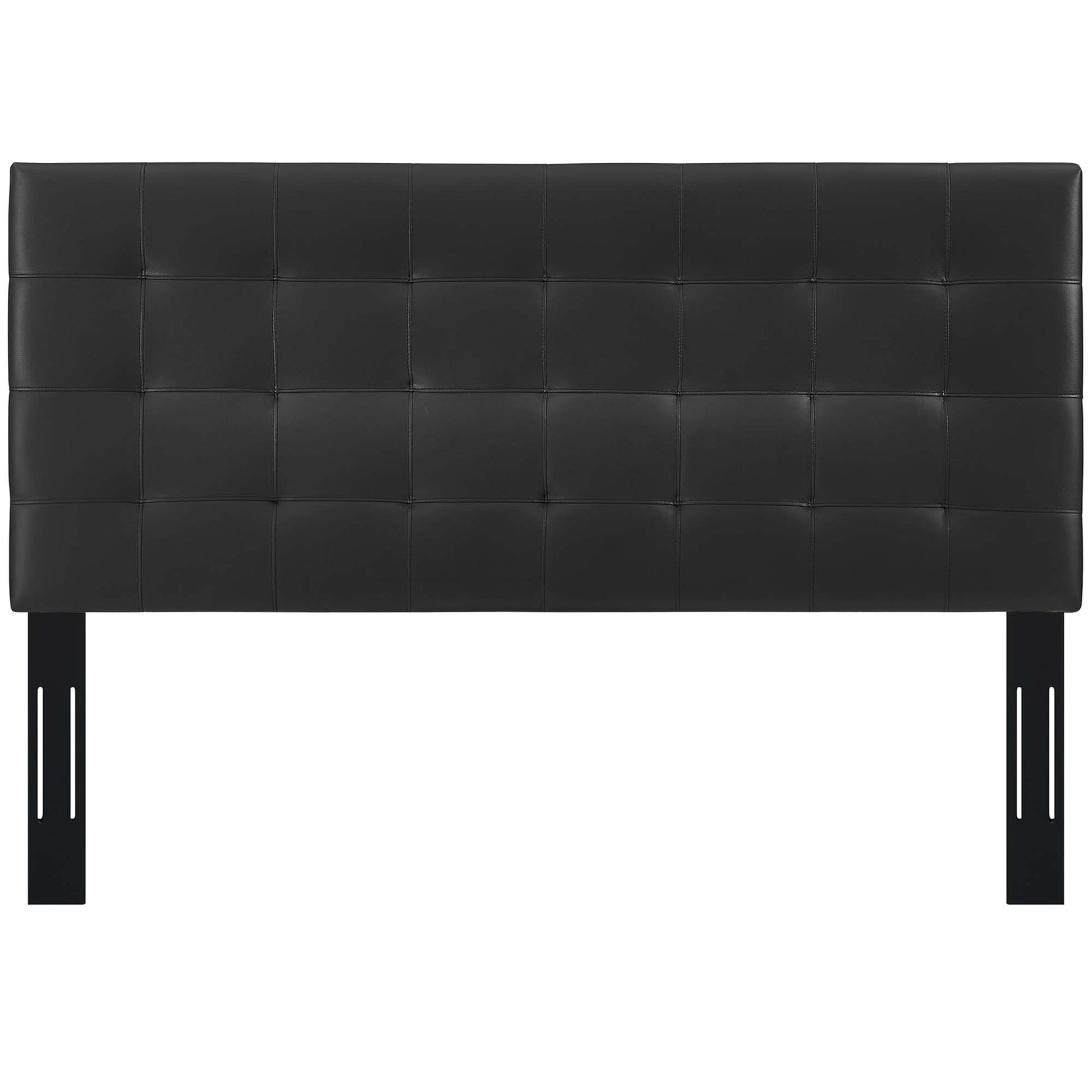 Black tufted headboard with square quilted pattern.