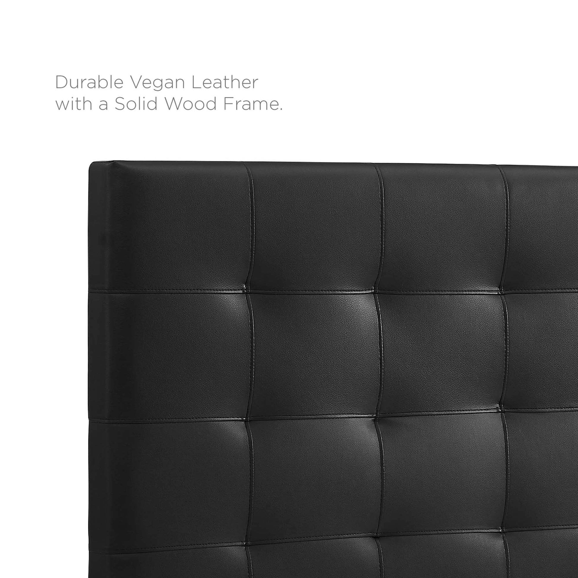 Black vegan leather headboard with square-tufted panels and a solid wood frame.