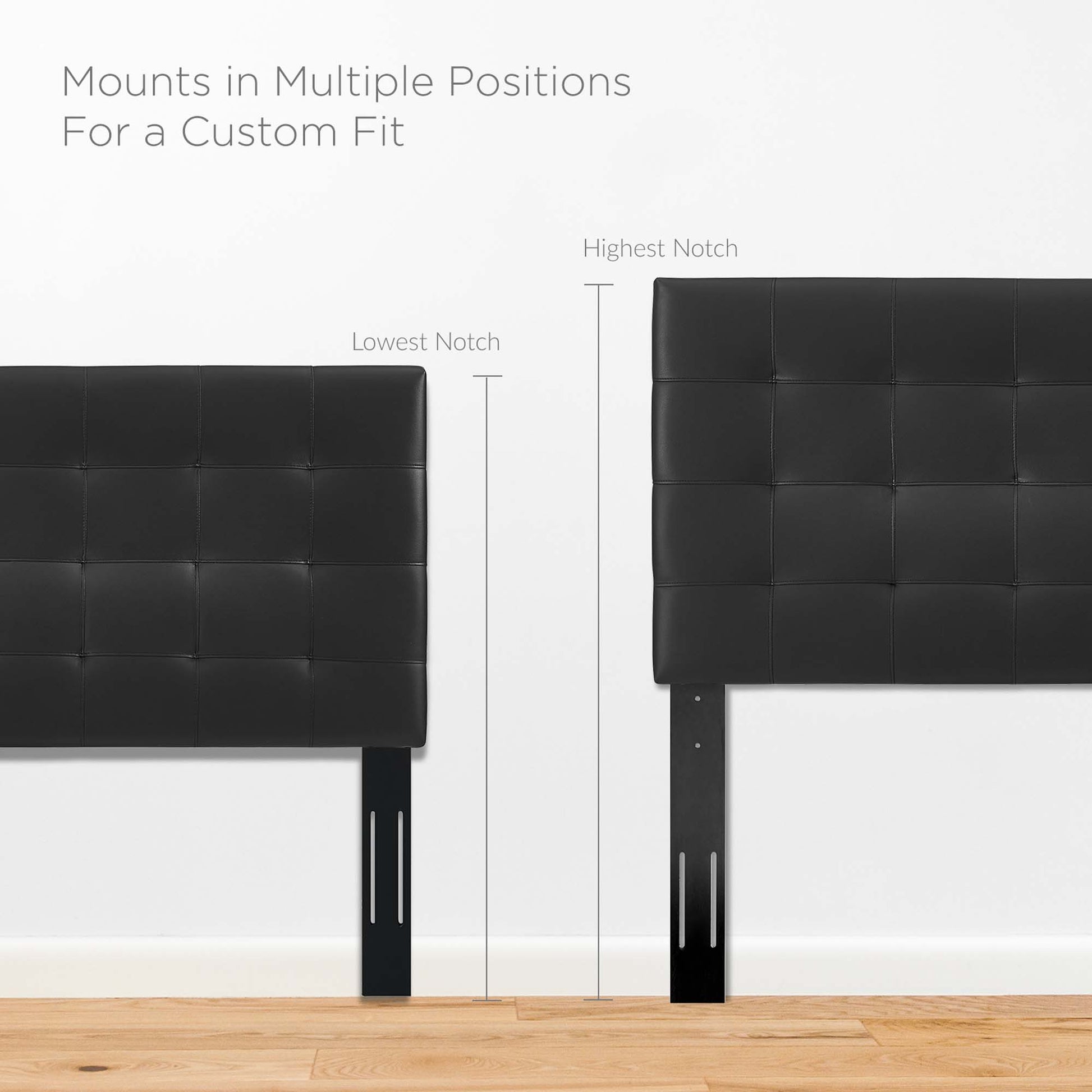 Black tufted upholstered faux-leather headboard with adjustable metal mounts and notch indicators for a custom fit.