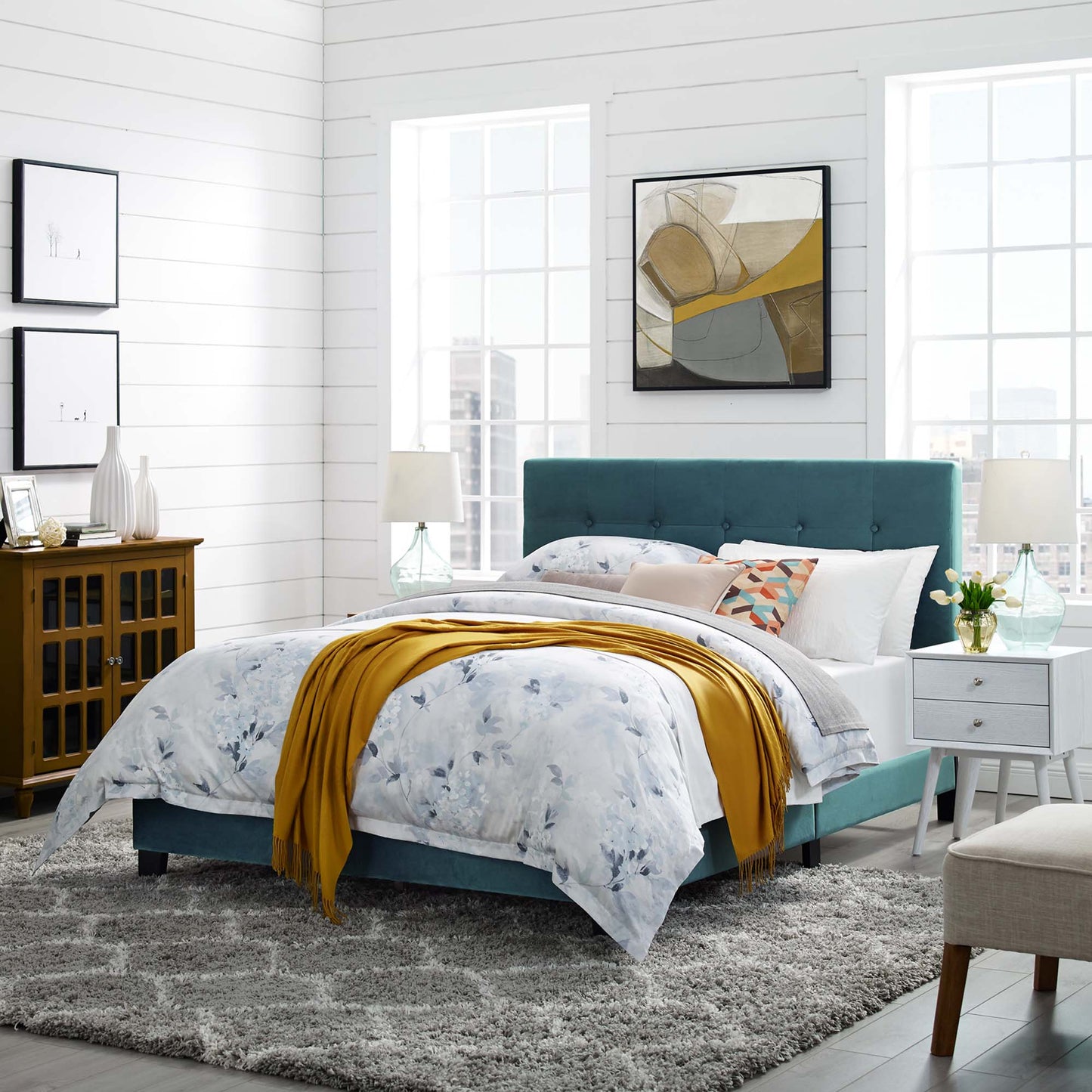 Modway Outlet Amira Performance Velvet Queen Bed by Modway  Bedroom Furniture Sea Blue - MOD-5867-SEA
