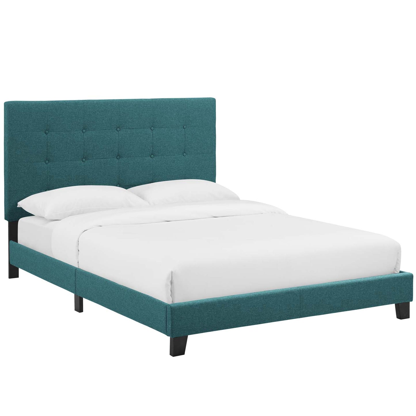 Teal upholstered twin platform bed with tufted button headboard, low profile frame, dark wood legs, white bedding.