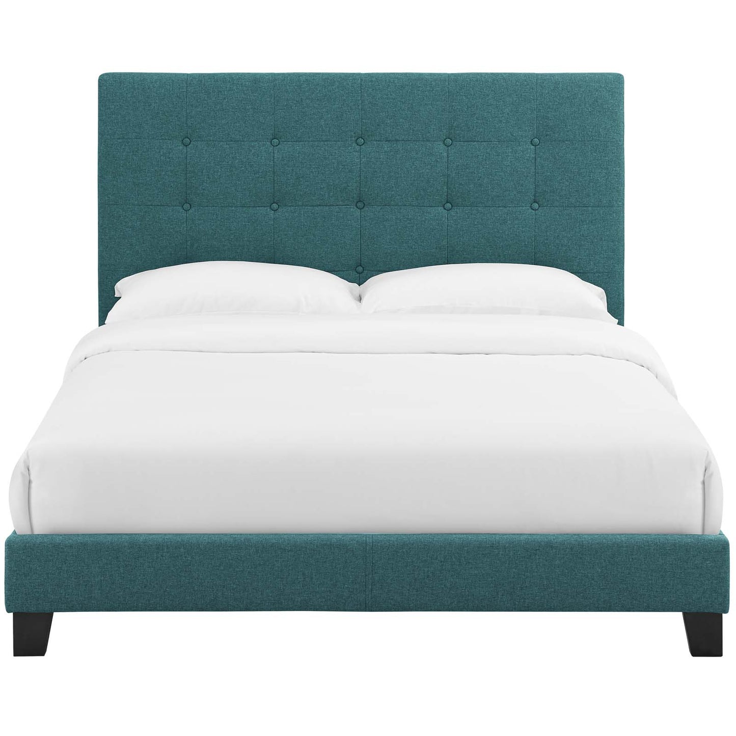Teal fabric upholstered bed with tall tufted headboard and low platform base on black feet, white bedding.