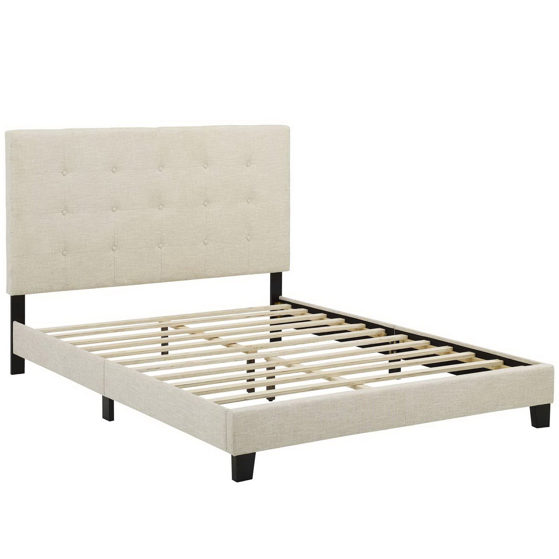 Beige upholstered platform bed frame with tufted headboard, slatted base, black legs.