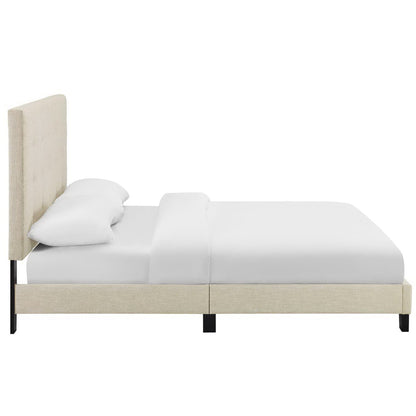 Brown upholstered platform bed with tall padded headboard, white bedding and black legs.