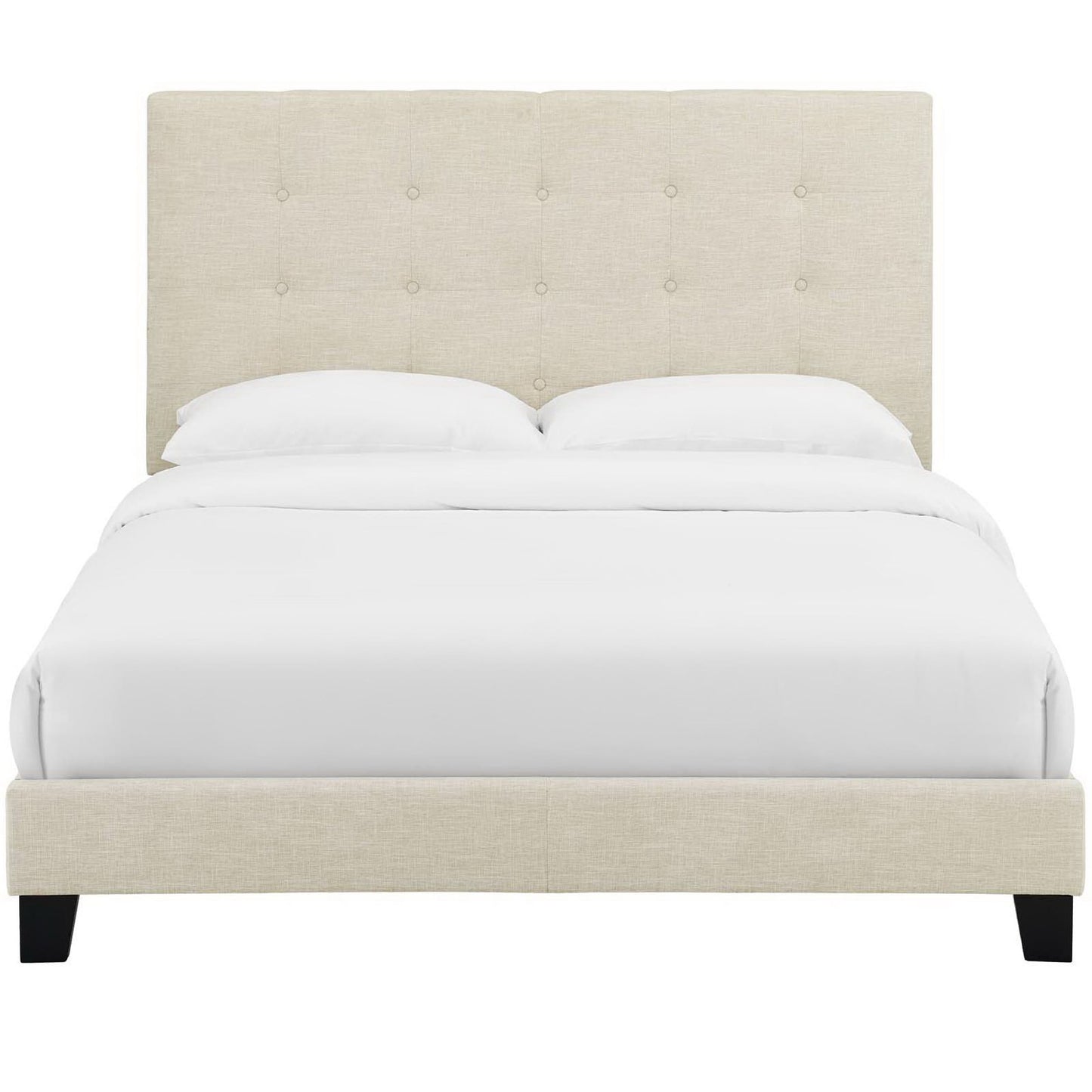 Brown upholstered full platform bed with tufted button headboard, white bedding, low frame with dark legs.