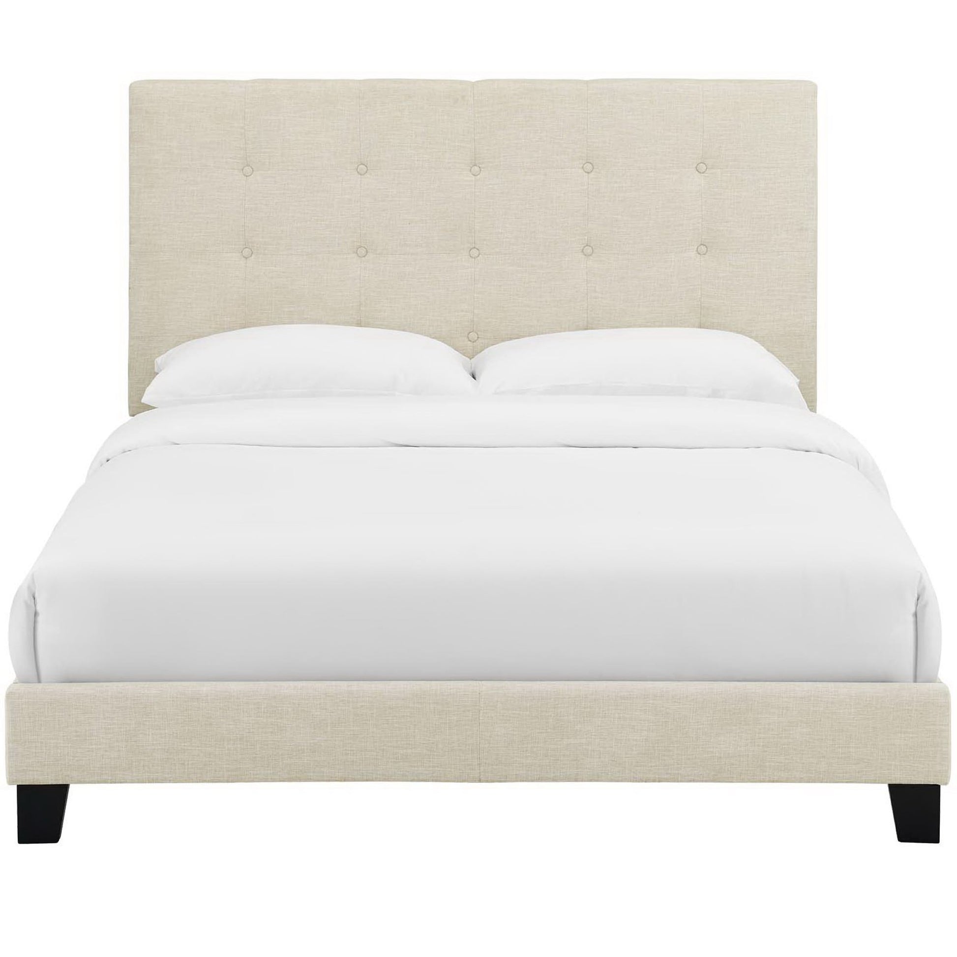 Brown upholstered full platform bed with tufted button headboard, white bedding, low frame with dark legs.