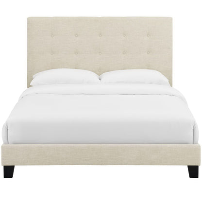Brown upholstered full platform bed with tufted button headboard, white bedding, low frame with dark legs.