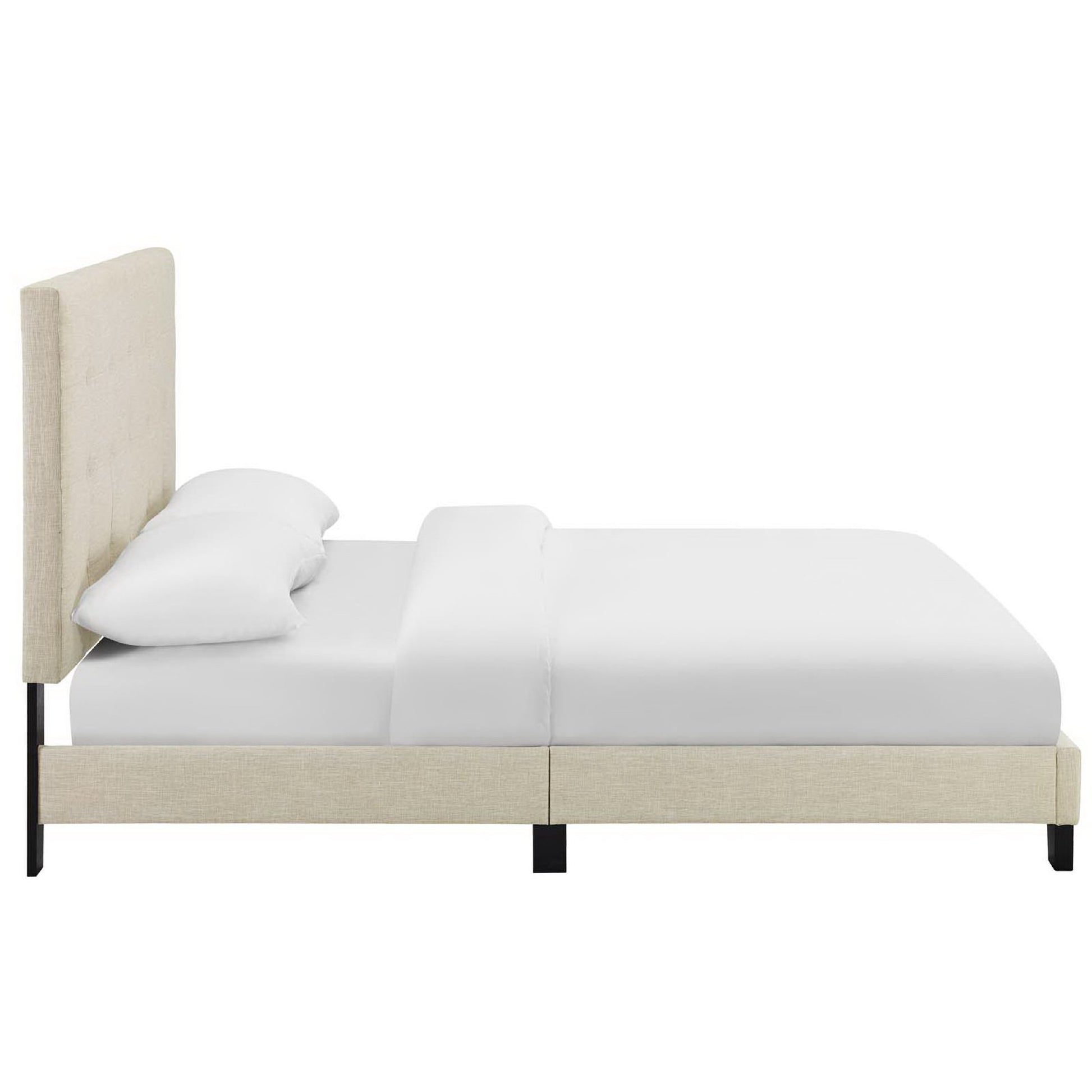 Beige tufted-button upholstered fabric queen platform bed with tall padded headboard, white bedding, and black legs.