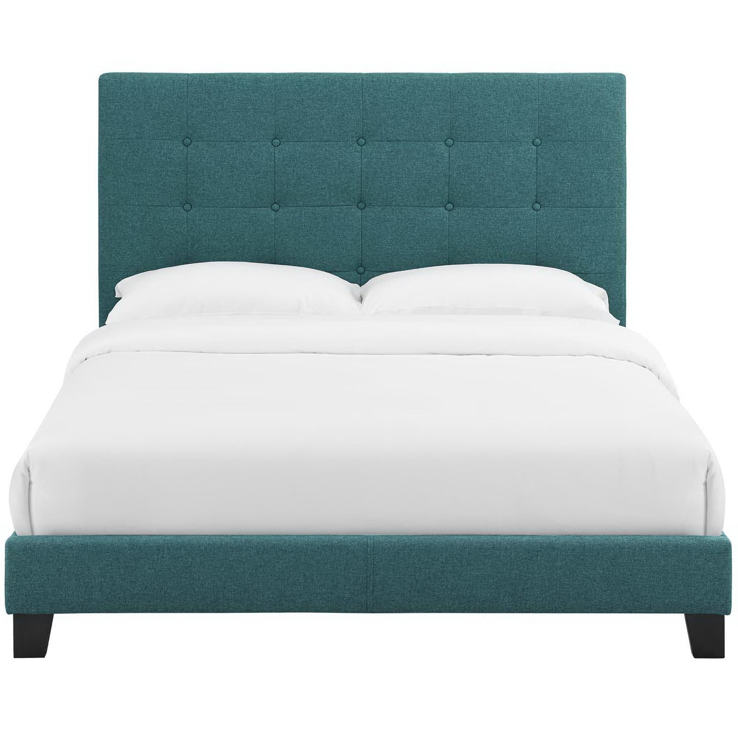 Blue fabric upholstered bed with tufted headboard and low footboard, white bedding.