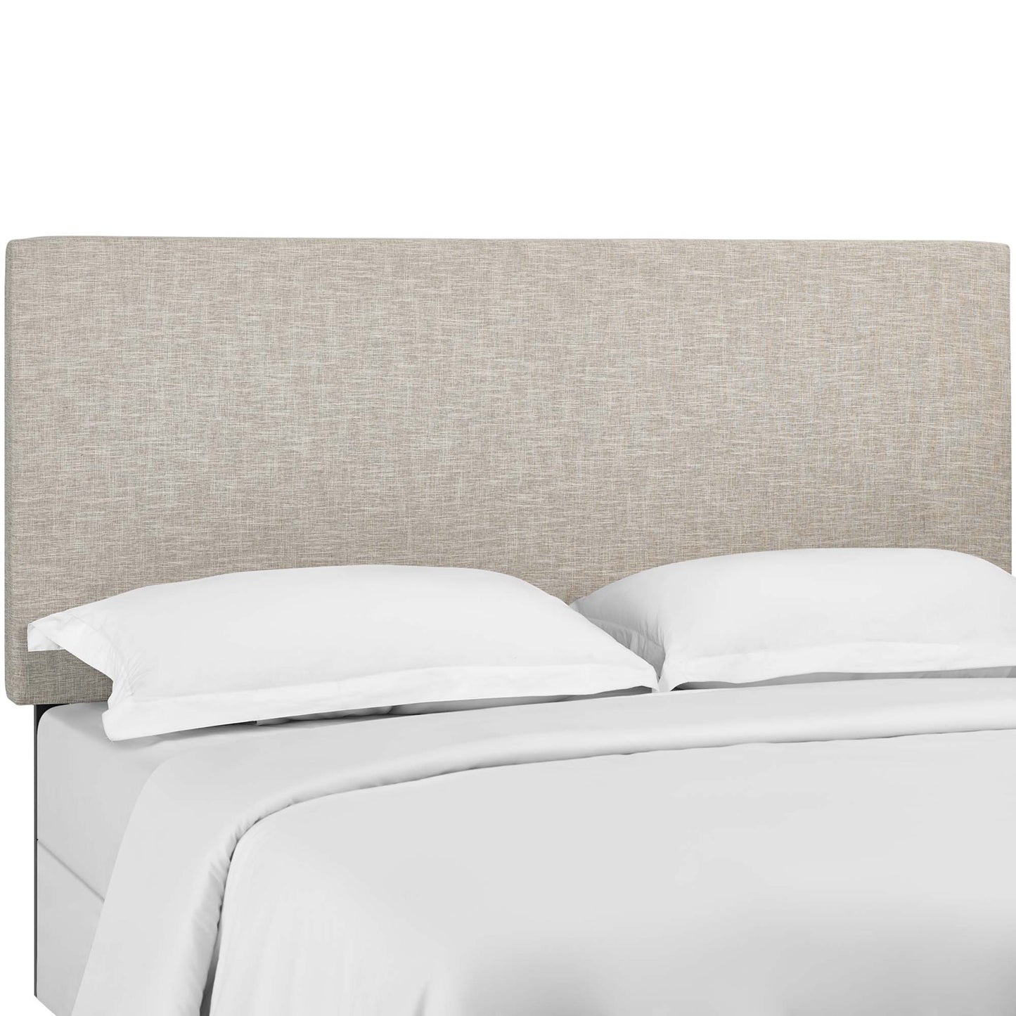 Beige fabric upholstered headboard on a bed with white sheets and pillows.