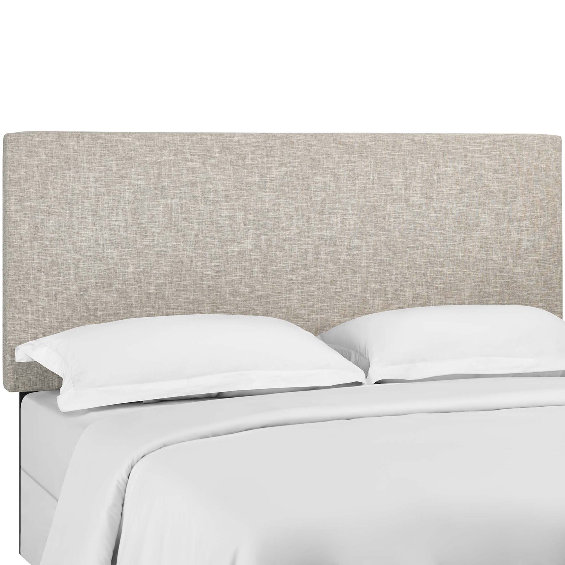 Beige fabric upholstered headboard on a bed with white sheets and pillows.