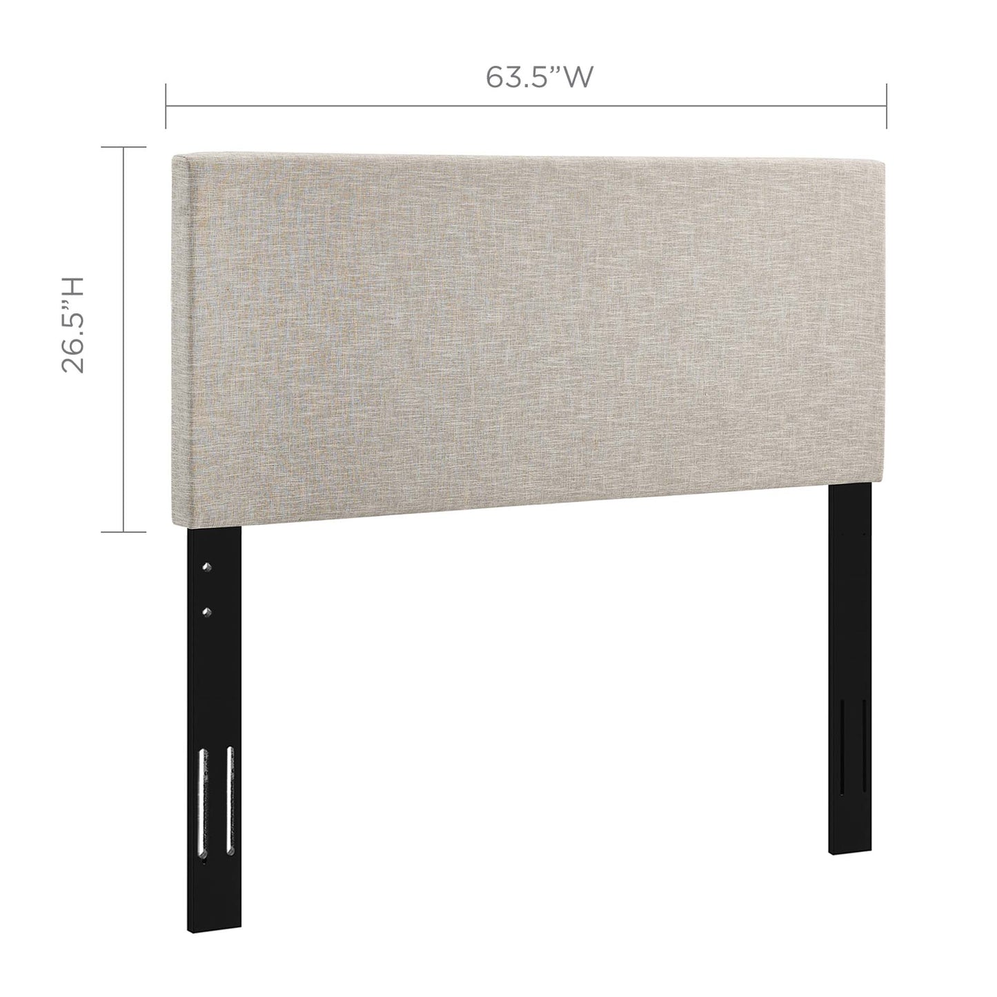Beige fabric upholstered headboard with black metal legs, 63.5"W x 26.5"H, modern minimalist bedroom furniture.