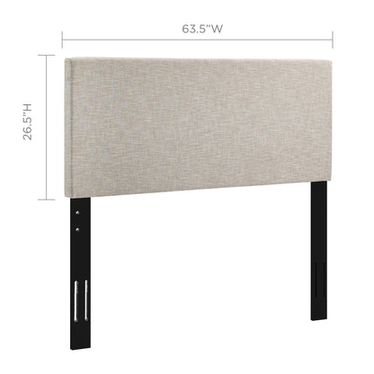Beige fabric upholstered headboard with black metal legs, 63.5"W x 26.5"H, modern minimalist bedroom furniture.