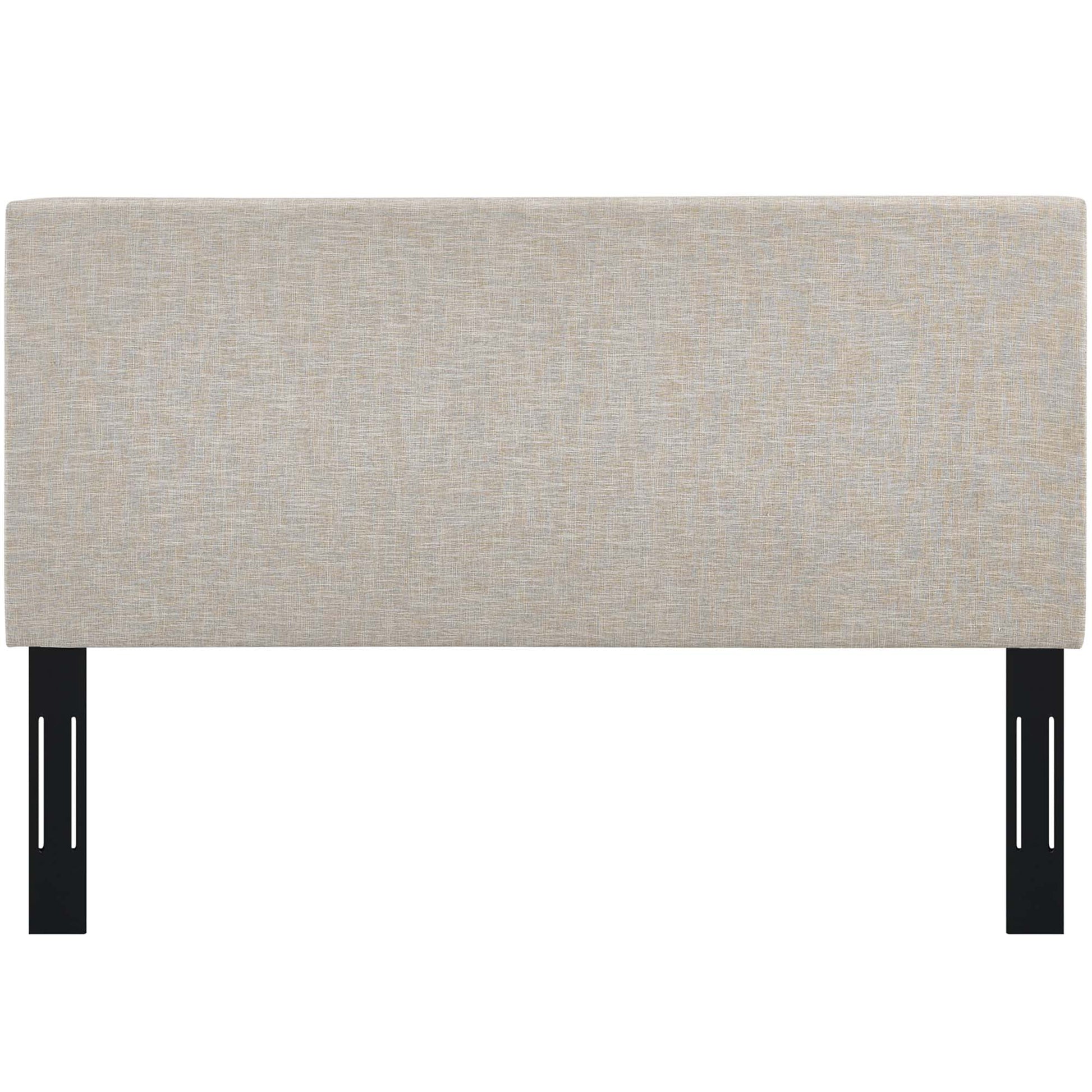Beige linen-fabric upholstered headboard, rectangular padded panel for a full/queen bed.