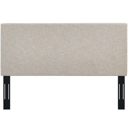 Beige linen-fabric upholstered headboard, rectangular padded panel for a full/queen bed.