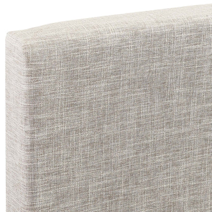 Beige textured linen-look fabric on a curved upholstered headboard, neutral modern style.
