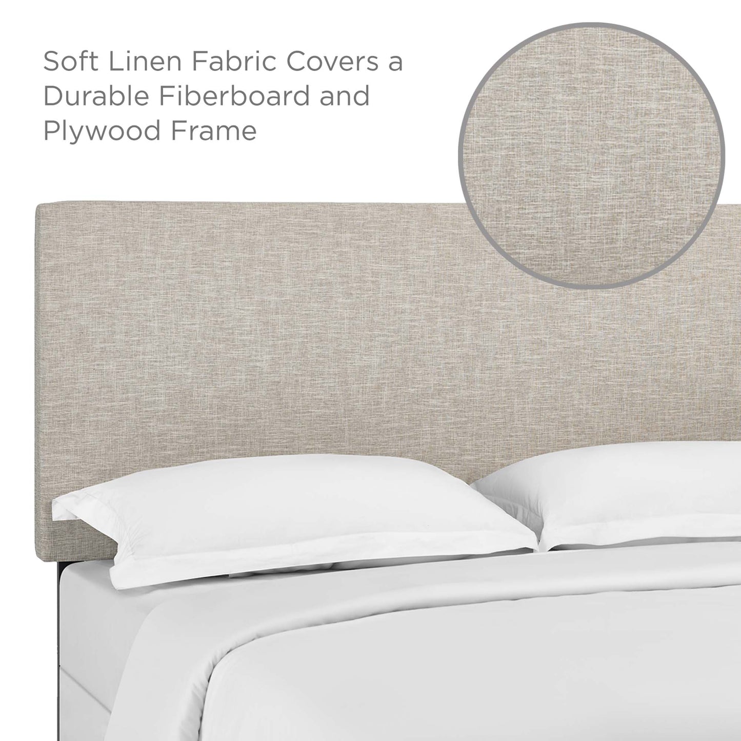 Beige linen fabric upholstered headboard on a durable fiberboard/plywood frame with white bedding.