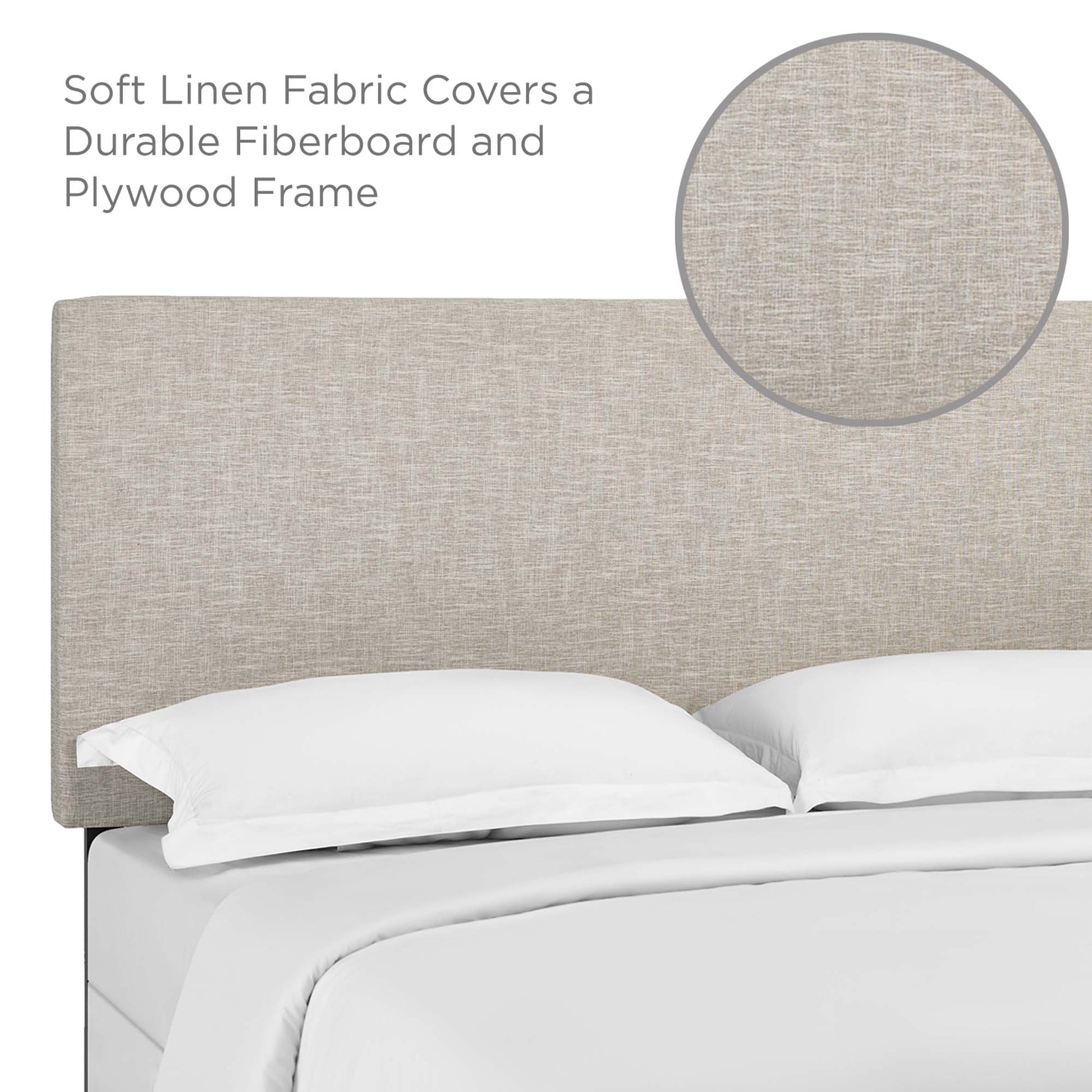 Beige linen fabric upholstered headboard on a durable fiberboard/plywood frame with white bedding.