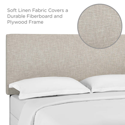 Beige linen fabric upholstered headboard on a durable fiberboard/plywood frame with white bedding.