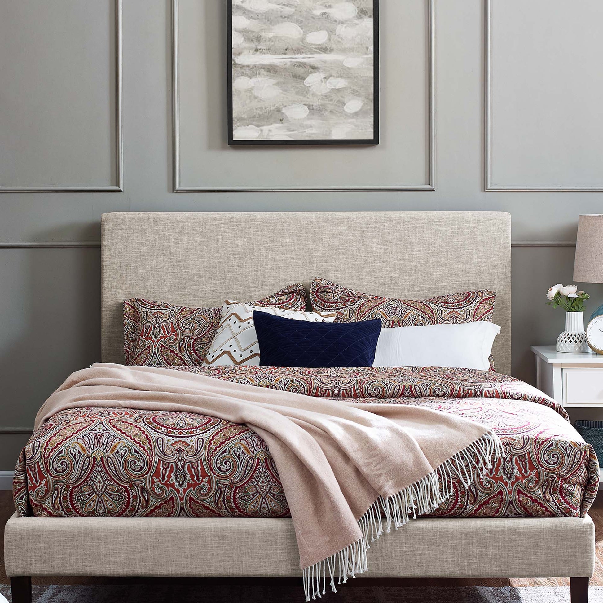 Beige upholstered padded headboard for full/queen bed.