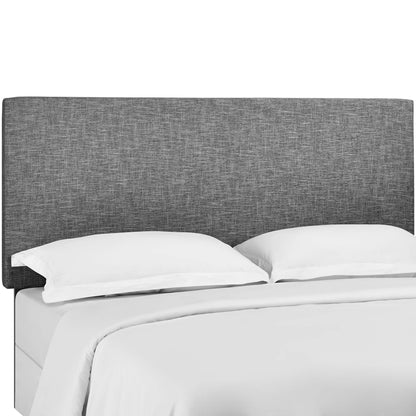 Tall gray upholstered headboard.