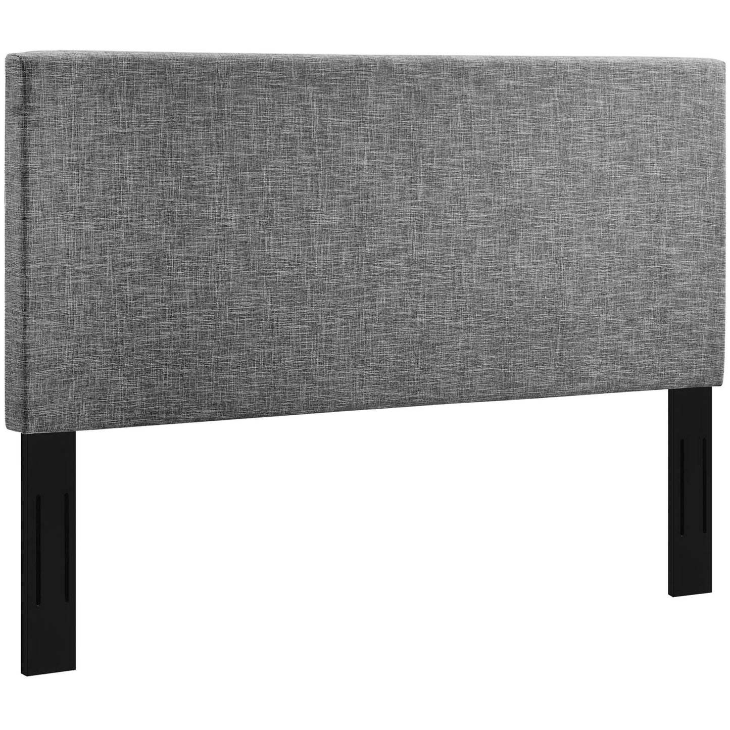 Grey fabric upholstered headboard with black legs, modern minimalist design.