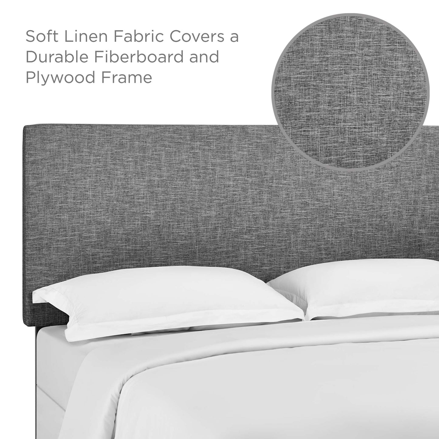 Grey linen-fabric upholstered headboard with a textured surface, paired with white bed linens.