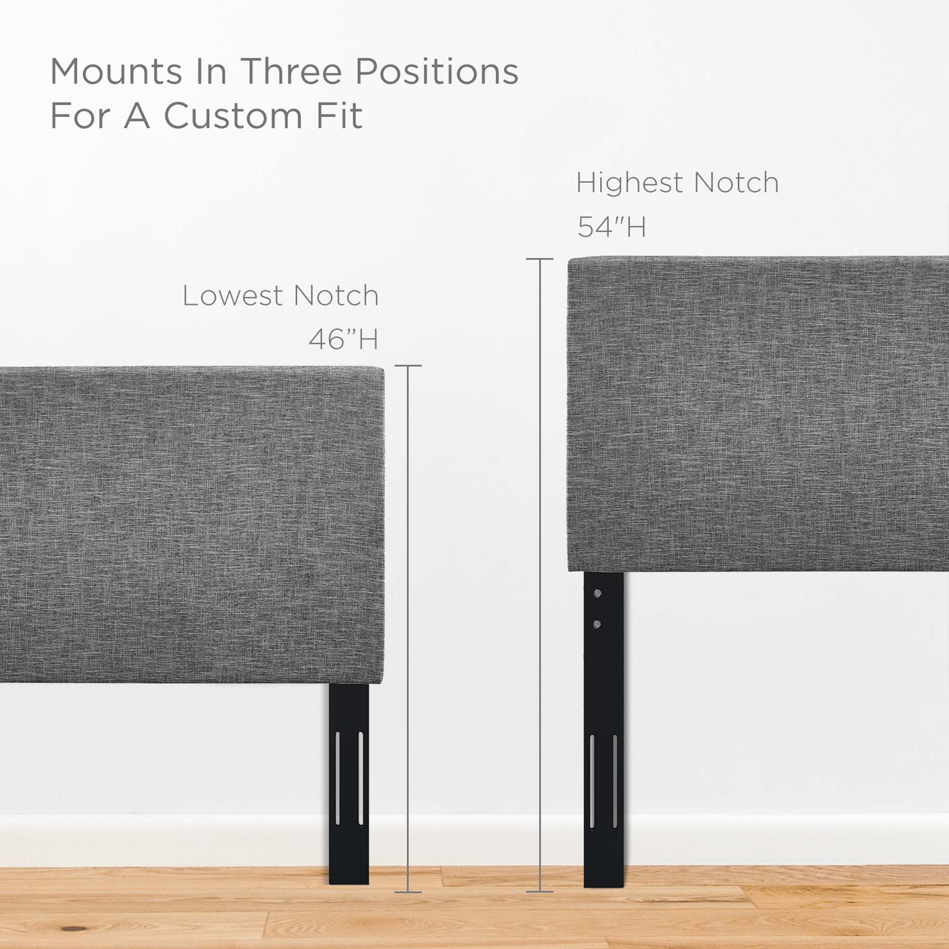 Gray upholstered linen fabric headboard for full or queen beds; height adjustable from 46–54 inches.