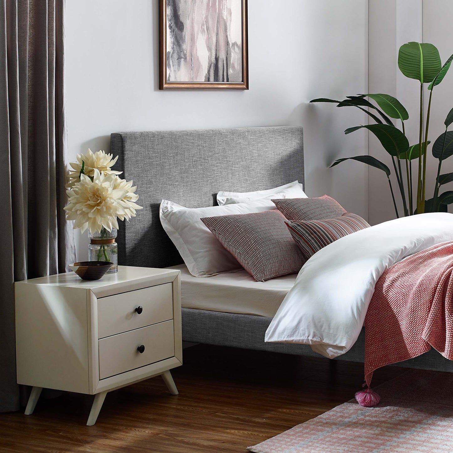 Grey upholstered linen fabric headboard for full/queen bed