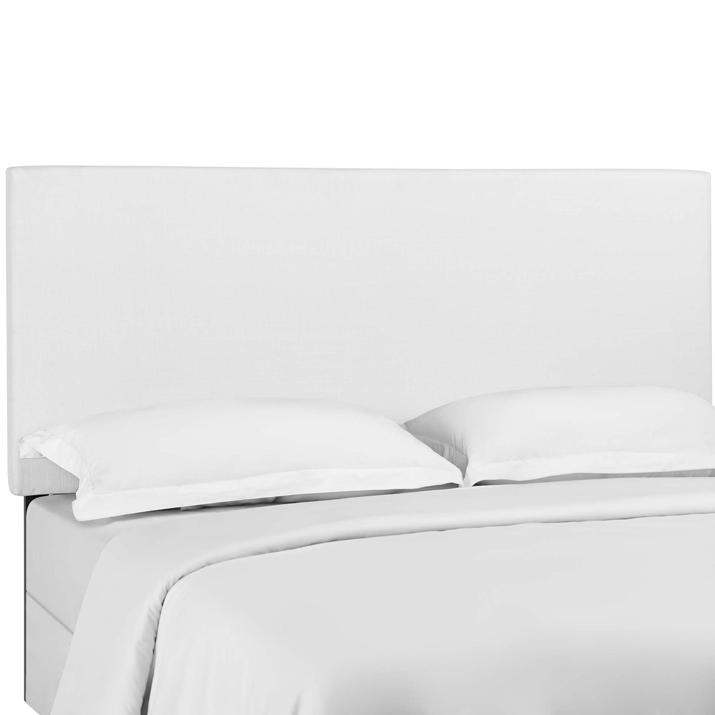 White upholstered headboard with padded panels in linen fabric for king and California king beds.