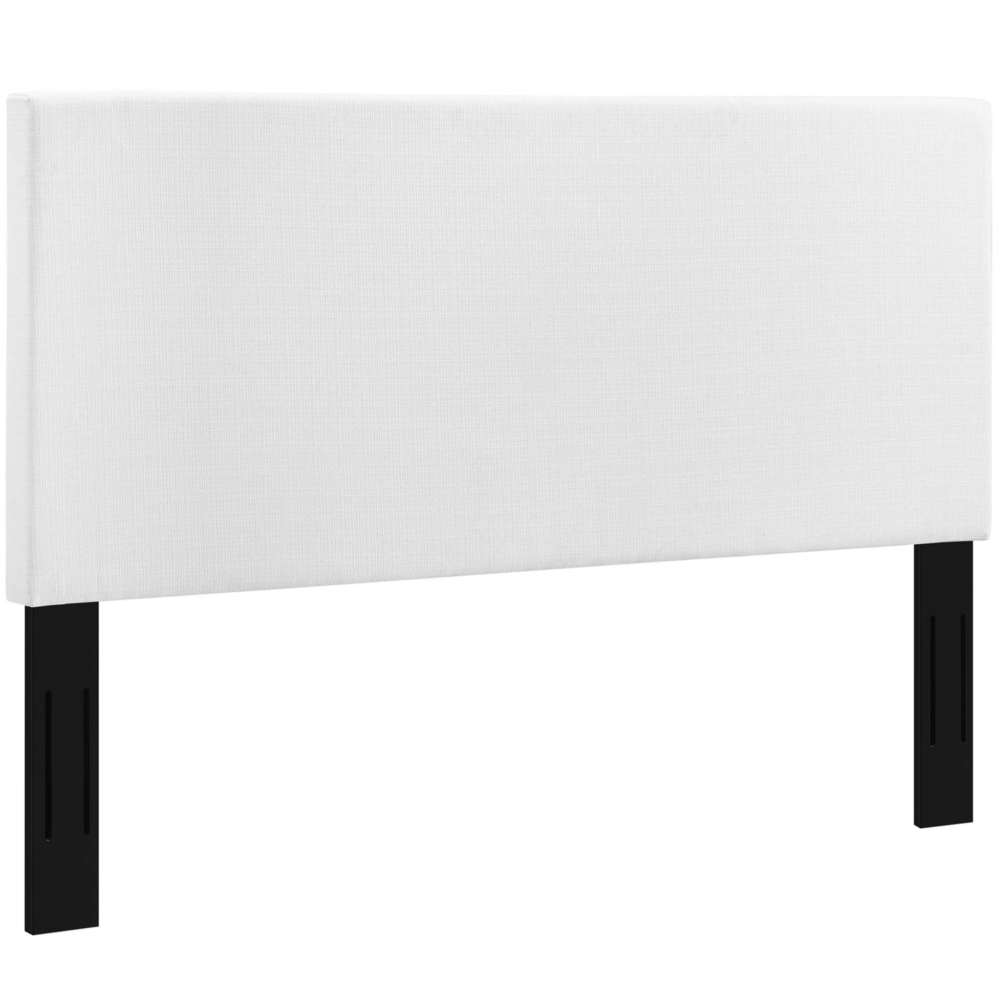 White linen fabric upholstered rectangular headboard.