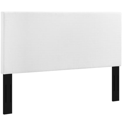 White linen fabric upholstered rectangular headboard.