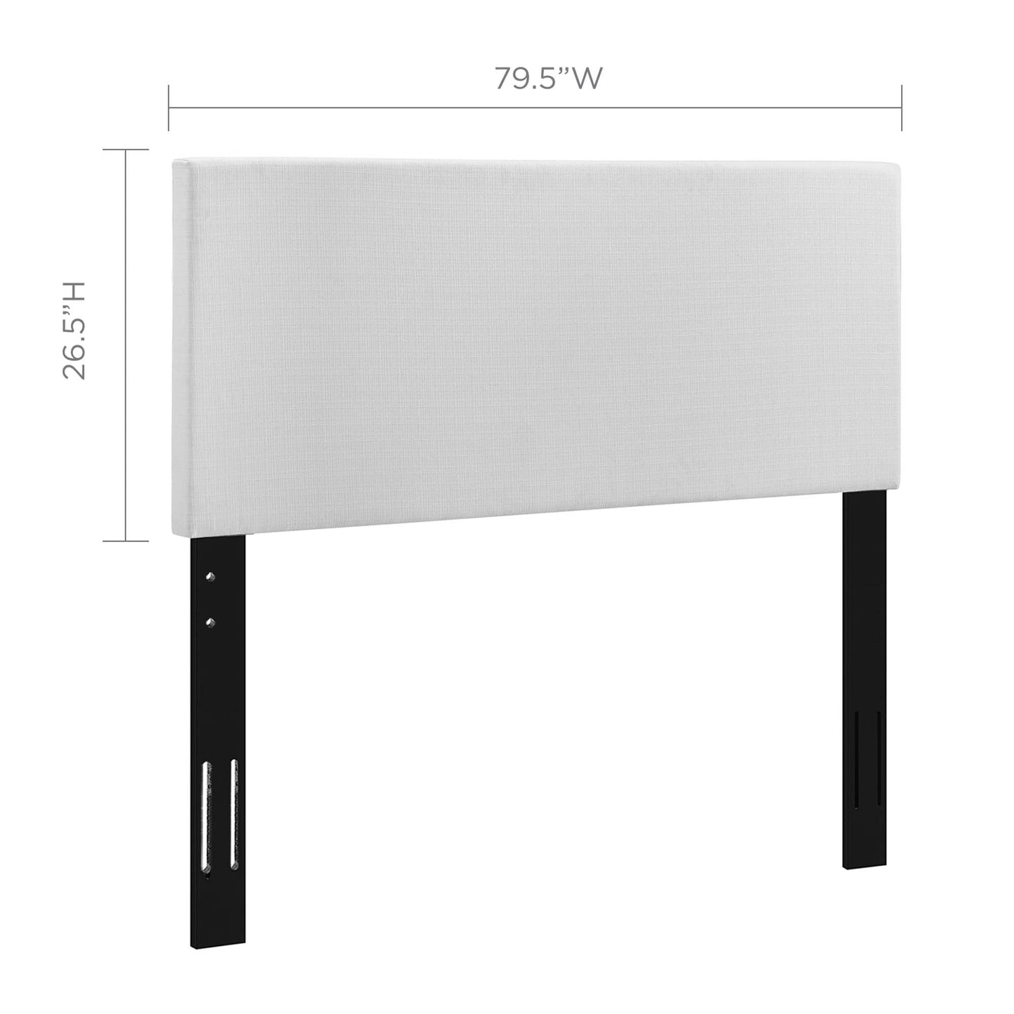 White upholstered headboard panel with slim black metal legs; modern minimalist bed centerpiece.
