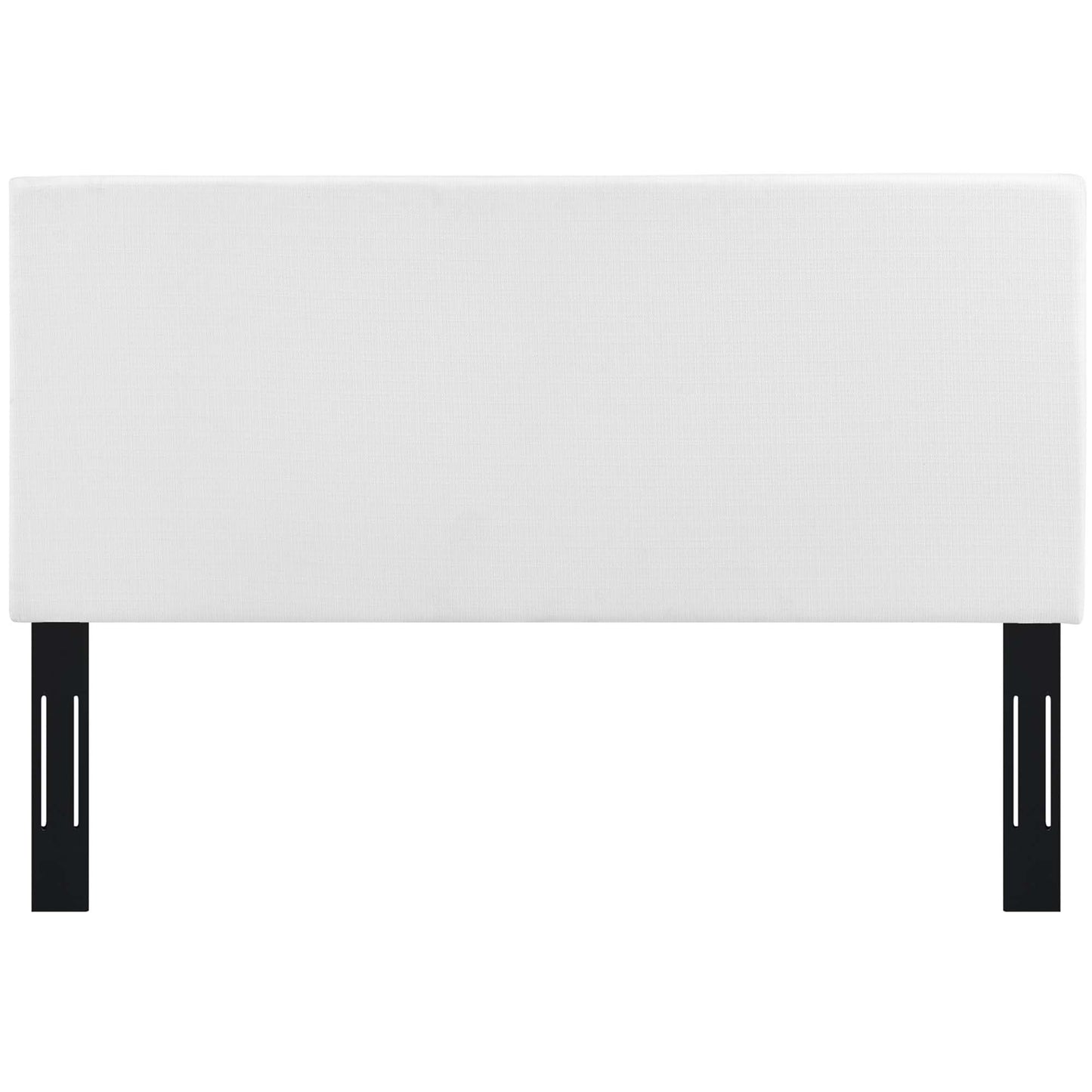 White rectangular upholstered headboard in linen fabric with vertical seams.