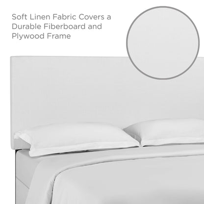 White upholstered headboard with a rectangular padded panel in linen fabric; backed by fiberboard/plywood, for king & California king beds.