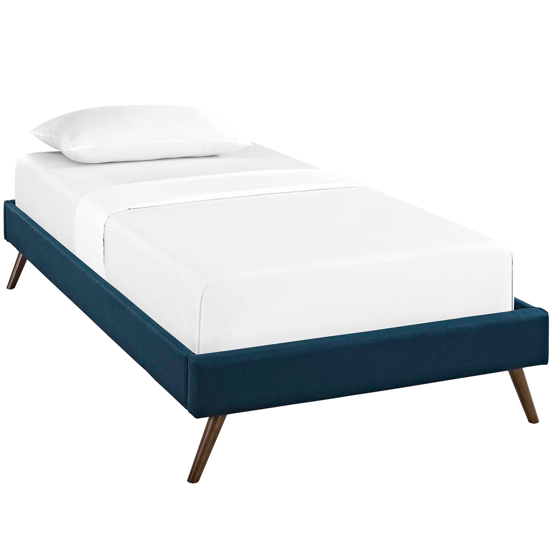 Low-profile azure fabric upholstered twin bed frame with round splayed legs and white bedding.