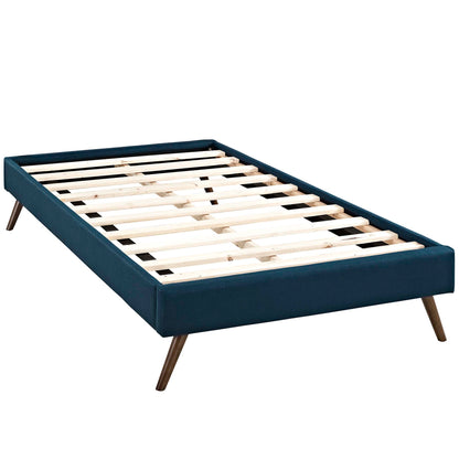 Teal fabric twin bed frame with round splayed legs and light wood slats.