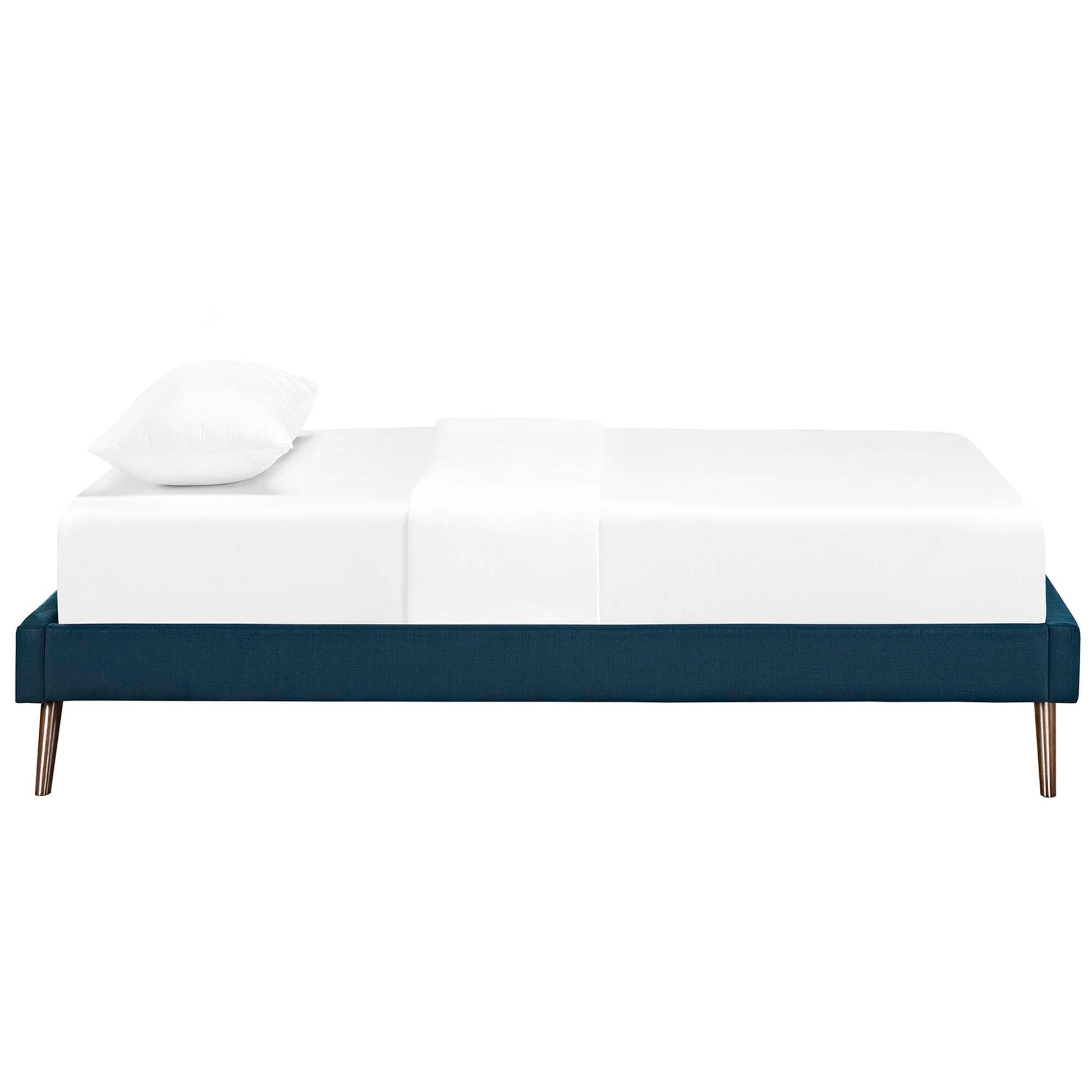 Azure fabric twin bed frame with round splayed legs, white bedding and a single white pillow, modern minimalist.