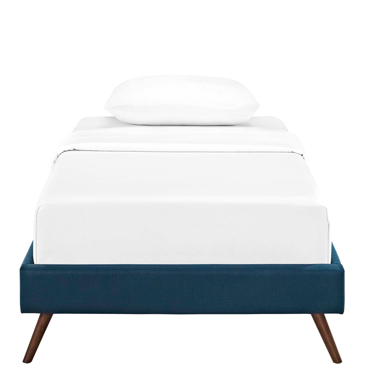Azure fabric twin bed frame with round splayed legs, white mattress and pillow, mid-century design.