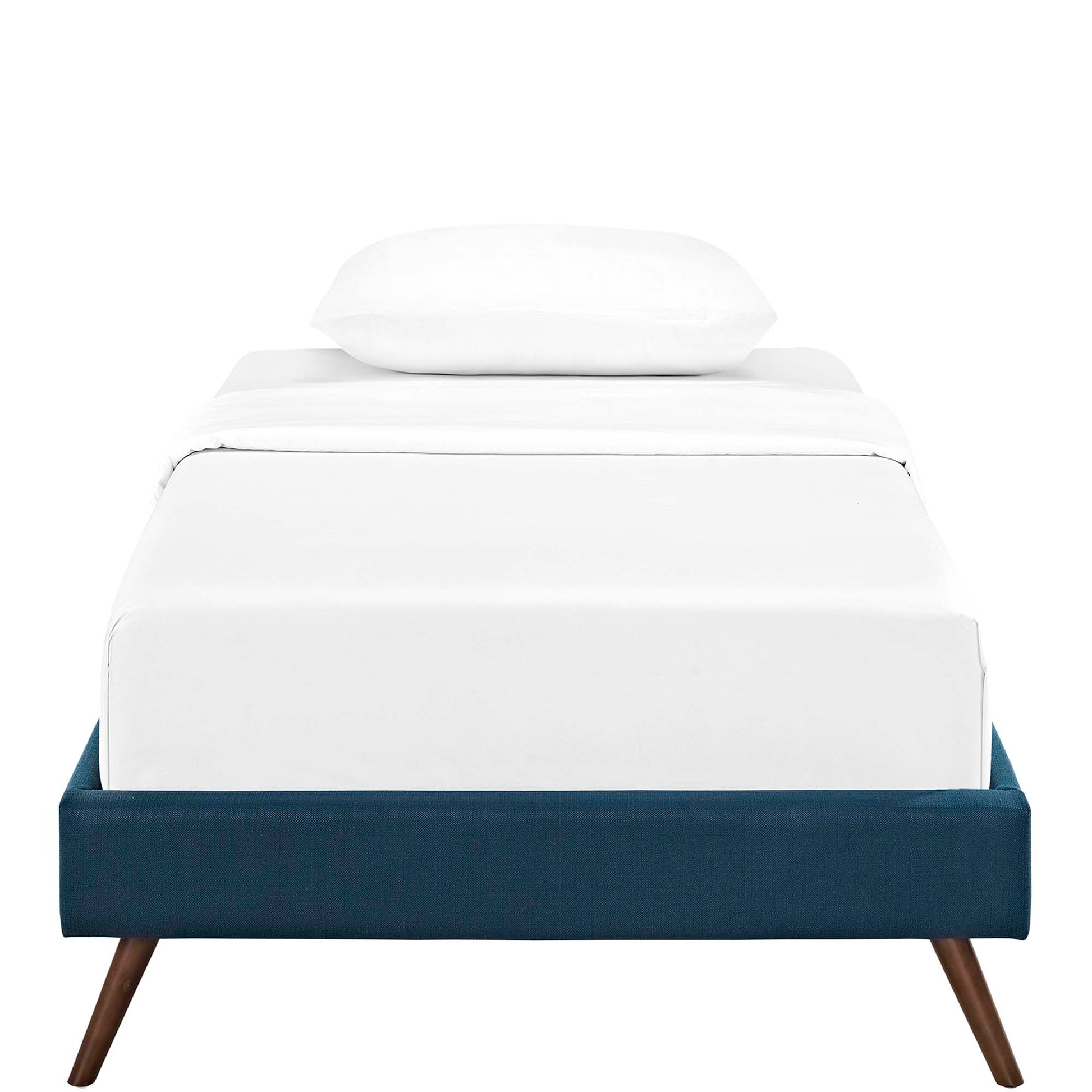 Azure fabric twin bed frame with round splayed legs, white mattress and pillow, mid-century design.