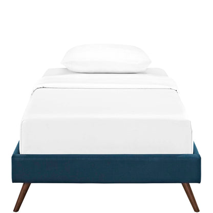 Azure fabric twin bed frame with round splayed legs, white mattress and pillow, mid-century design.