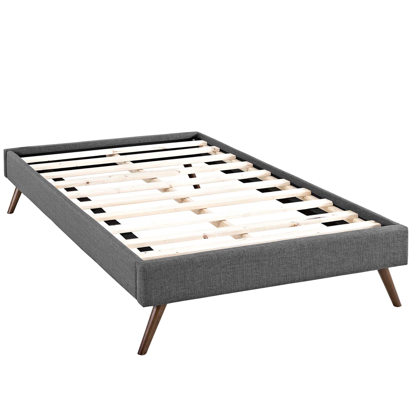 Gray fabric upholstered twin bed frame with round splayed legs and wooden slats for a modern bedroom.