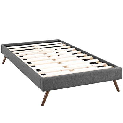Gray fabric upholstered twin bed frame with round splayed legs and wooden slats for a modern bedroom.
