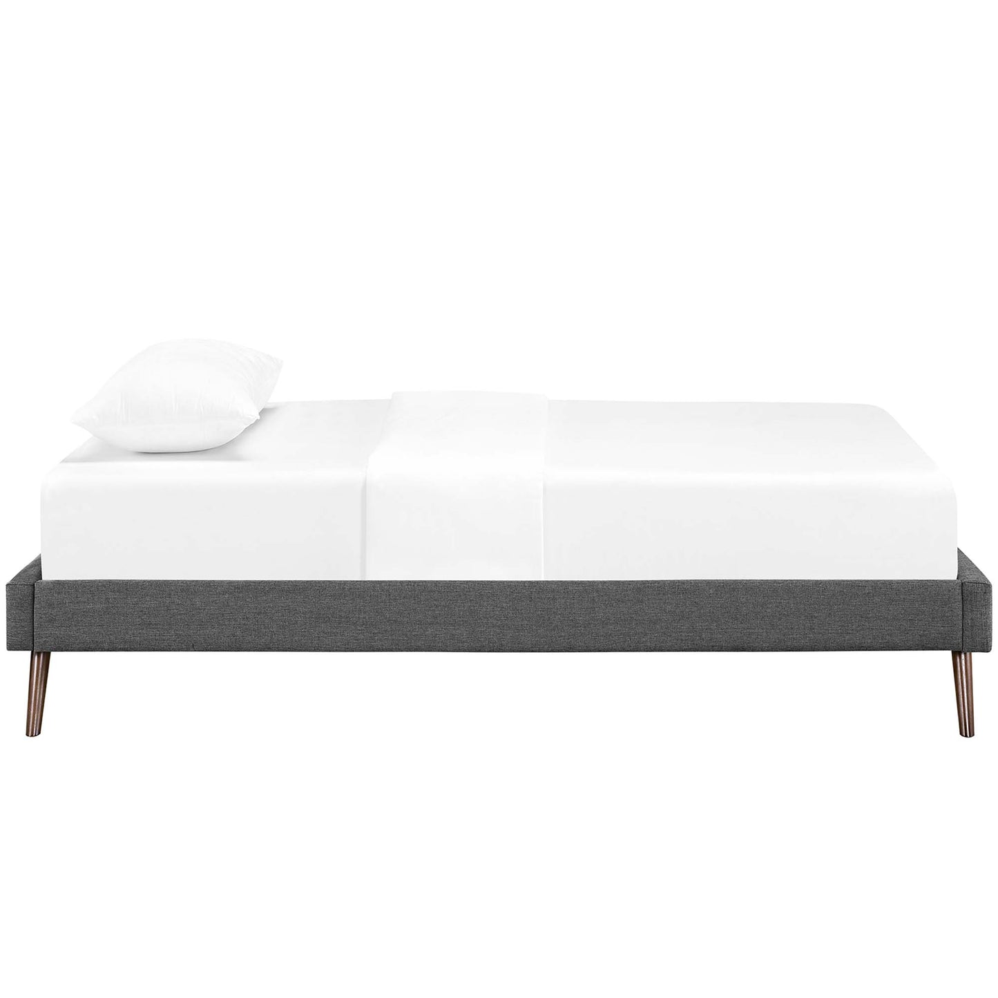 Gray fabric twin bed frame with round splayed legs, white mattress and pillow.