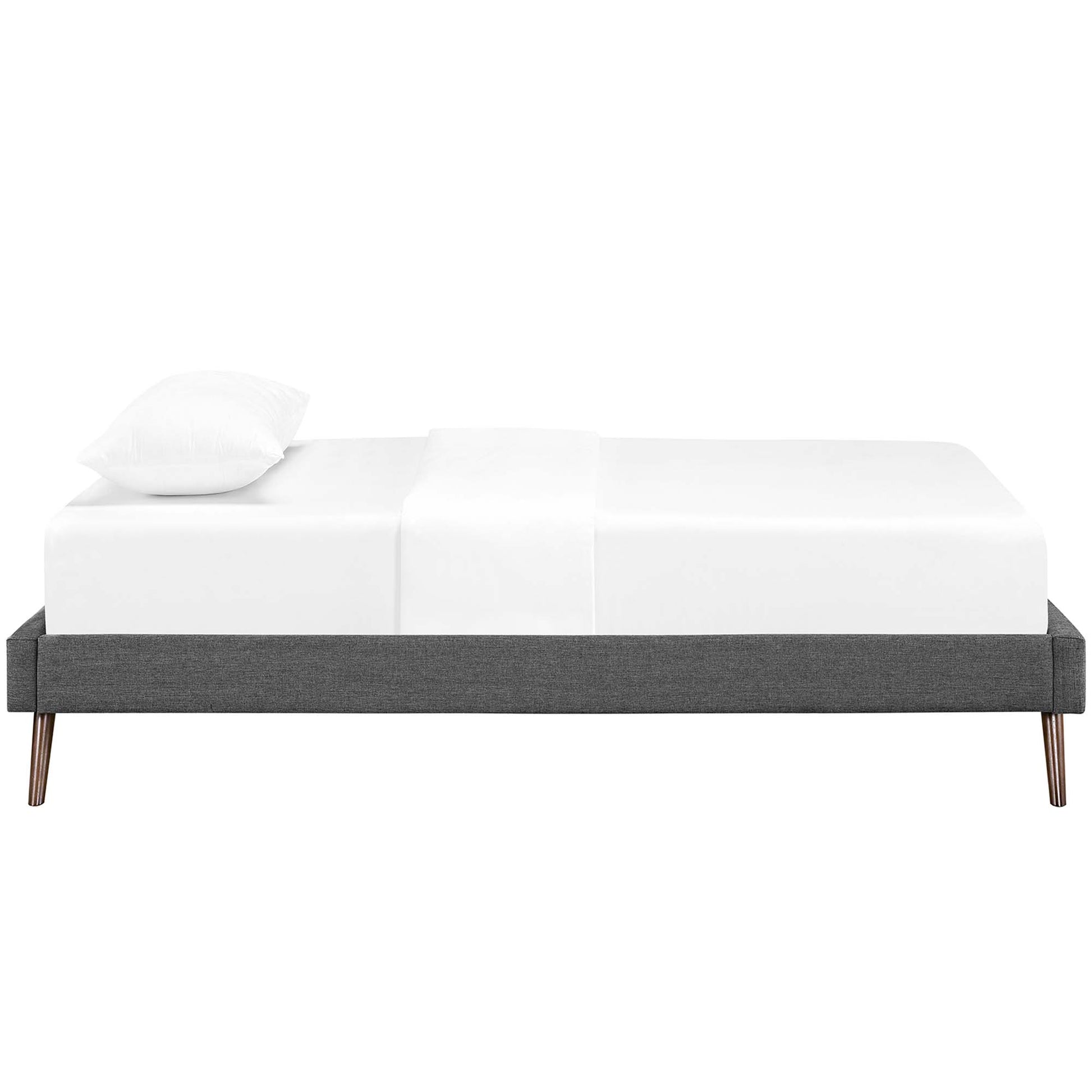 Gray fabric twin bed frame with round splayed legs, white mattress and pillow.