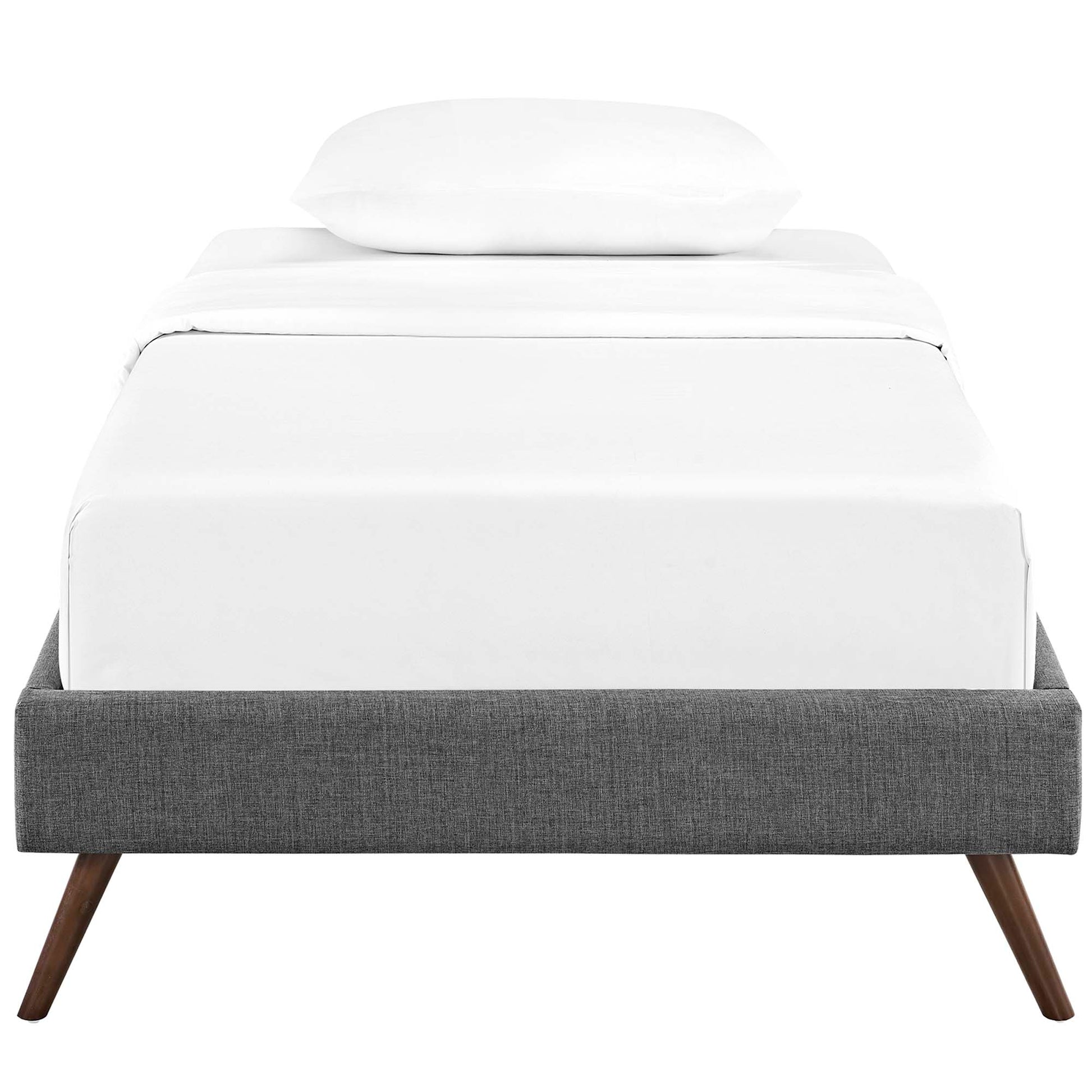 Gray fabric upholstered twin bed frame with round splayed legs, white mattress and pillow