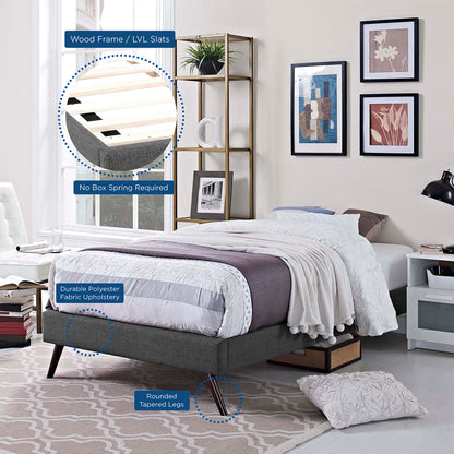 Gray fabric twin bed frame with round splayed legs; LVL slats, no box spring, modern bedroom.
