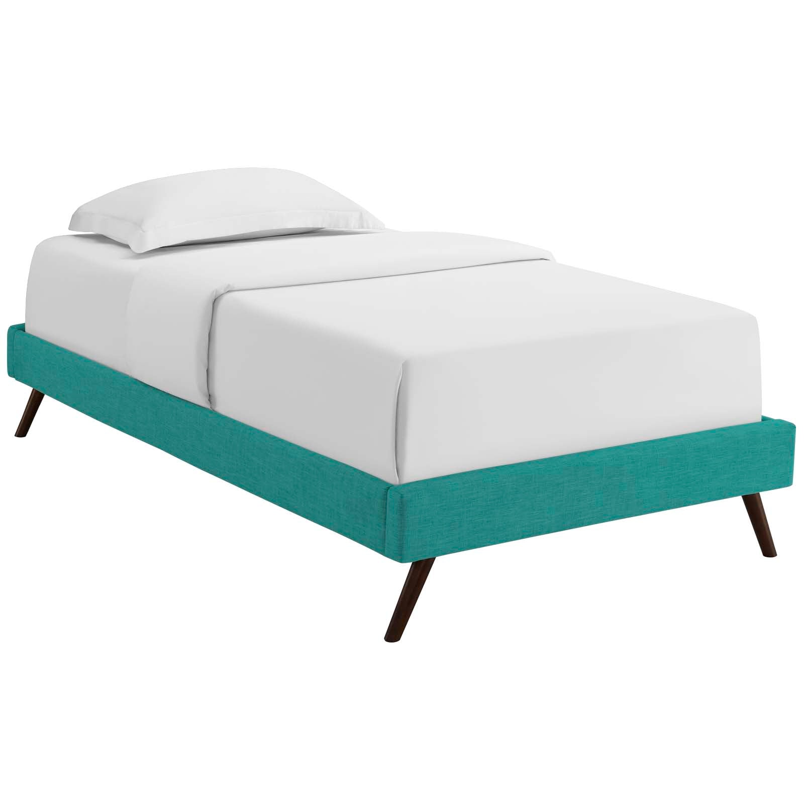 Teal upholstered platform bed with angled wooden legs and white mattress, modern mid-century style.