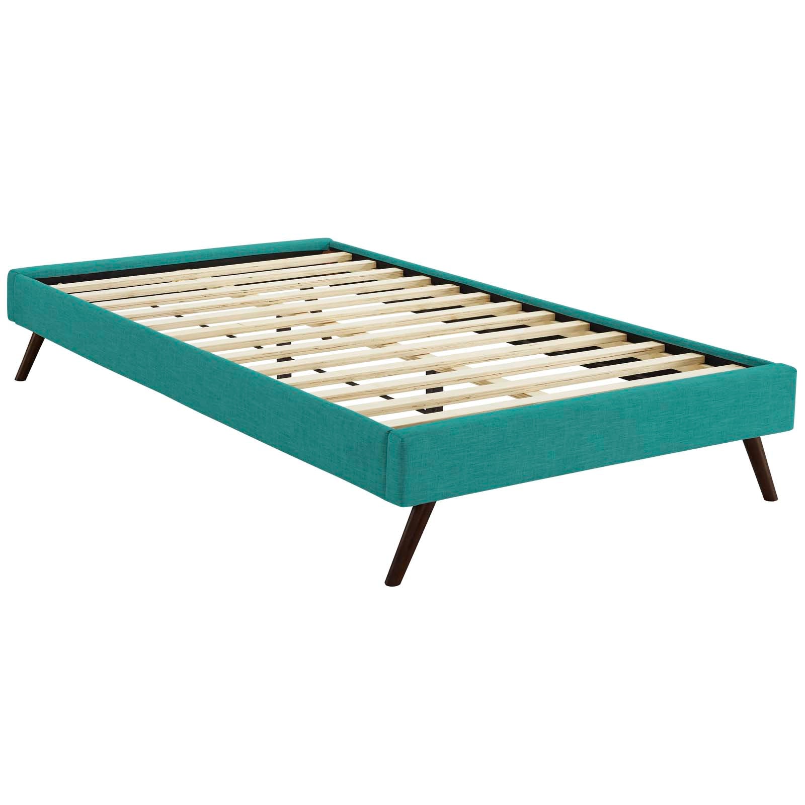Teal fabric-covered platform bed frame with wooden slats and round splayed legs.