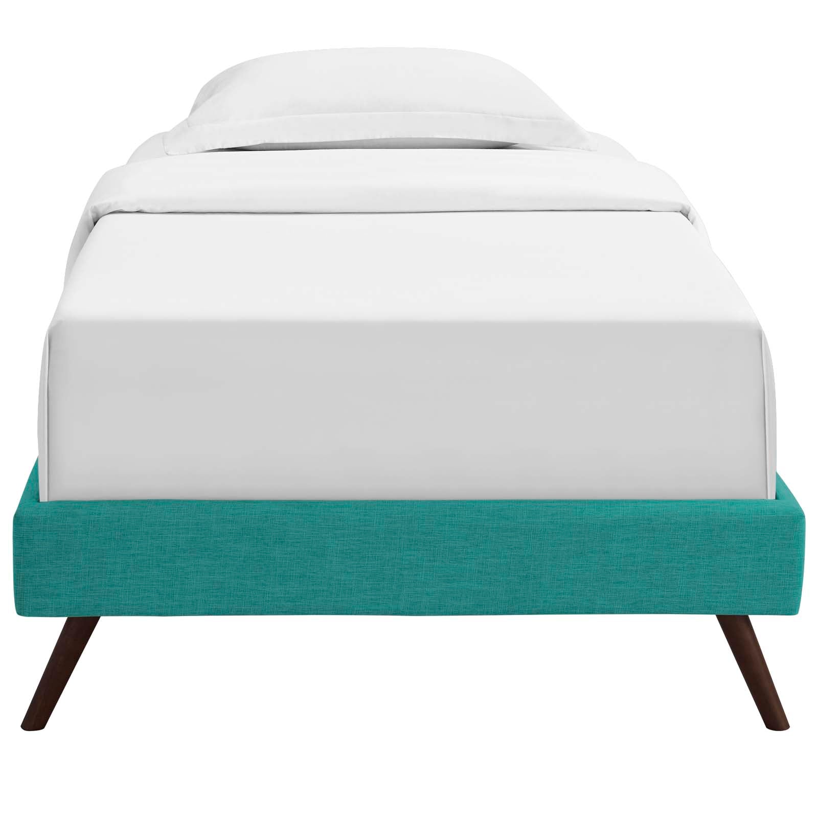 Teal fabric twin bed frame with white bedding, mid-century modern design, round splayed legs.